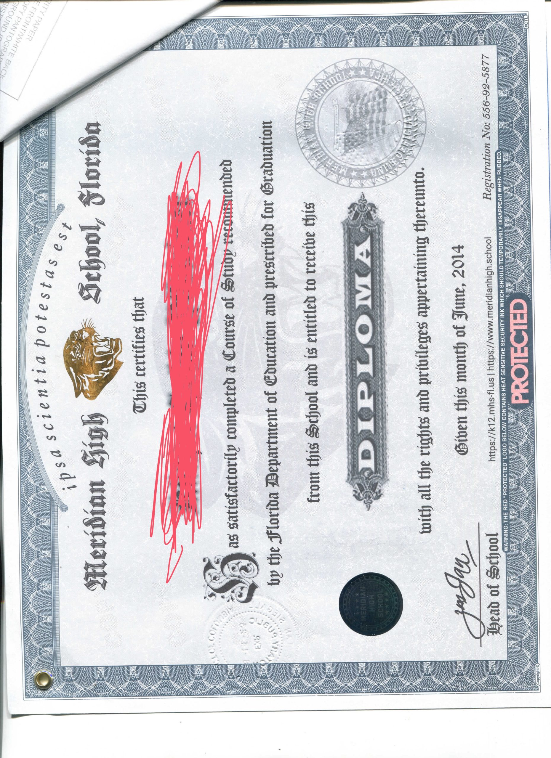 Exemplo de diploma Meridian com dados protegidos